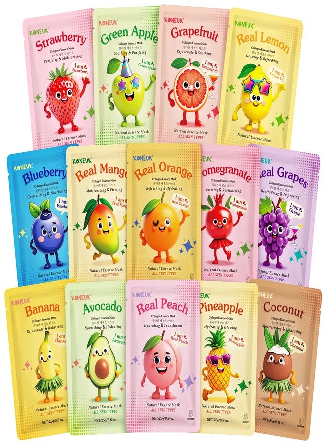 KONEUK 14 Pack Fruit Face Masks Skincare for Kids, Sheet Hydrating Facial Mask for All Skin Types, Bulk Collagen Face Mask for Women Skin Care, Birthday Party Spa Gifts for Teens Girls - Image 1